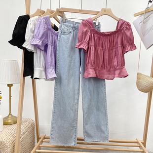超仙紫色方领冰丝雪纺衫短袖，t恤女夏洋气(夏洋气，)设计感时尚法式小衫上衣