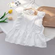 女童夏装上衣无袖2024儿童白色，衬衫韩版女宝宝夏季洋气娃娃衫