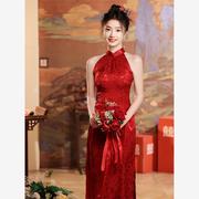 新中式旗袍敬酒服新娘晨袍女红色结婚订婚礼服，裙挂脖无袖露肩夏季