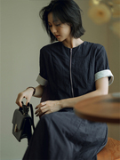 韩国文艺2023夏季女装，圆领半拉链开衫，设计感宽松连衣裙女