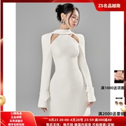 ZS名品越南设计师 Denio 挂脖领长袖收腰时尚甜美名媛连衣裙