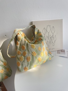 夏季黄绿郁金香单肩包包小方包拉链布袋子小清新文艺花朵包