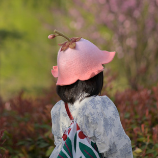 蘑菇梦羊毛毡手工，樱花成人儿童桃花，可爱宝宝帽子花朵帽