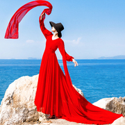 旅行拍照好看别致v领长裙，海边度假系带，红色雪纺连衣裙女显瘦超仙