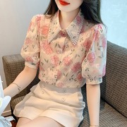 韩国短袖钉珠碎花雪纺衬衫女夏季2024时尚印花设计感别致百搭
