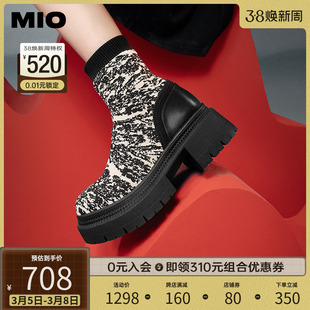 MIO米奥2023冬季圆头高跟中筒靴新中式弹力瘦瘦靴酷飒时髦袜靴女