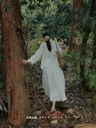 棉麻少女褶皱法式复古长袖，衬衫荷叶边森系田园，风白色双层半裙提花