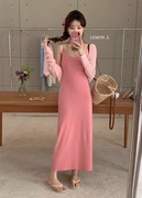 韩系粉红色简约风吊带裙V领套头修身无袖连衣裙F》28琳0427