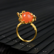 天然南红玛瑙戒指女开口可调节金色纯银花朵，指环食指宫廷复古手饰