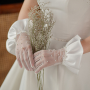 wg087手工钉珠婚纱手套优雅白色，短款新娘结婚礼服影楼拍照晚宴女