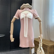连衣裙短袖纯色夏季蝴蝶结镂空清新甜美包臀裙 G#11