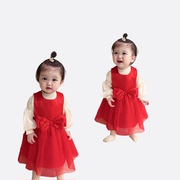 女童装女孩宝宝春秋红色，公主礼服背心裙中领螺纹，棉打底衫两件套装