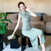 新中式国风改良旗袍女夏季2024复古优雅气质刺绣绿色连衣裙夏