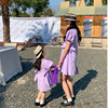 女童蕾丝紫色公主裙亲子装Y5夏季宝宝贴布收腰棉布裙连衣裙母女装