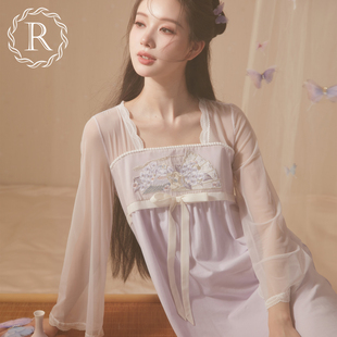 rosetree汉服睡裙女春秋季长袖长款国风，古风纯棉睡衣2023年