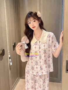 日本gppique夏季真丝睡衣女可爱甜美田园兔子薄短袖长裤三件套装