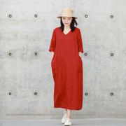 进口色织亚麻文艺范女装(范女装，)高端气质复古红色，v领连衣裙夏季宽松袍子