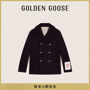 明星同款Golden Goose 男装 双排扣深蓝色绵羊毛大衣