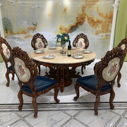 欧式圆餐桌全实木雕花大理石餐桌圆形饭桌奢华餐厅餐桌椅组合家具