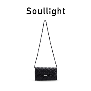 Soullight牛皮斜挎包女轻便黑色菱格链条单肩包小型通勤包包