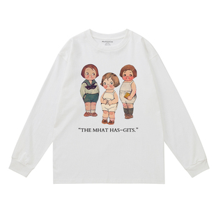 MushronCow三个小女孩 小众原创插画长袖t恤纯棉百搭男女情侣上衣