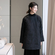 新中式黑色棉服女中长款 天丝亚麻提花中式斜襟保暖棉衣棉袄A1108