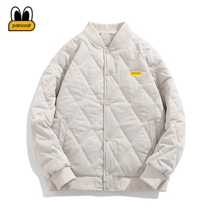 pancoat潮牌冬季菱形格宽松棉衣，男2024设计感情侣棒球服外套
