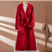 红色女秋冬高级感外套，女2023冬季酒红色，双面羊绒大衣女生