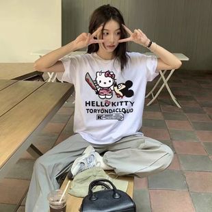 RTVG HelloKitty 凯蒂猫印花美式潮流男女情侣夏季ins宽松短袖T恤