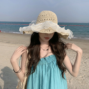 ins风蕾丝大帽檐草编草帽女夏季度假海边沙滩防晒太阳帽三亚拍照