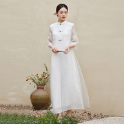 新中式国风改良旗袍连衣裙女白色裙子设计感2023夏装禅意茶服女装