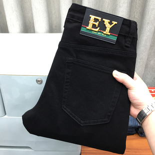 香港高端黑色牛仔裤男冬季保暖欧货弹力修身小脚纯黑色休闲长裤子