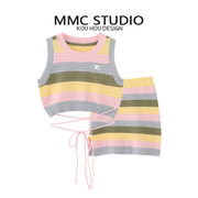 mmc2024夏季时尚条纹圆领，背心系带小香风半裙包臀裙套装ins