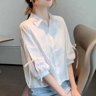 白衬衫女春秋韩版设计感小众，上衣时尚宽松百搭七分灯笼袖衬衣