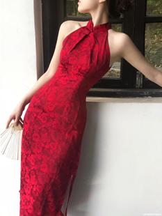 中国风红色橘里ci新中式晨袍婚礼，改良旗袍新娘结婚礼服长裙无袖女