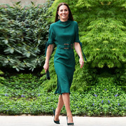 凯特王妃同款2024夏季女装圆领系带中袖绿色中长款气质连衣裙