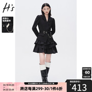 hs奥莱西装拼接蛋糕裙，2023春季女经典，黑色爱心链条收腰连衣裙