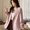 粉色西装外套女春秋季韩版英伦，风休闲设计感小个子短款小西服上衣