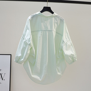 小清新淡绿色棉衬衫女设计感拼接包边宽松衬衣2024春季文艺范上衣