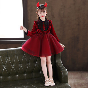 秋装女童长袖连衣裙小魔女连衣裙，暗红小立领，蓬蓬圣诞节公主裙