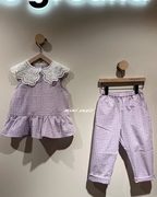 100-145韩系高端童紫色格子刺绣，镂空翻领无袖上衣，+裤子(分开拍)