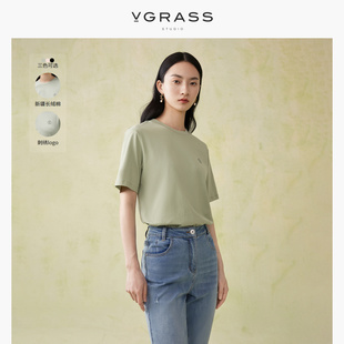 VGRASS基础款刺绣100%棉短袖T恤薄荷曼波绿色夏季时尚洋气
