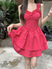 甜美公主蓬蓬裙女火龙果夏季梅，红色收腰双层裙摆显瘦吊带连衣裙