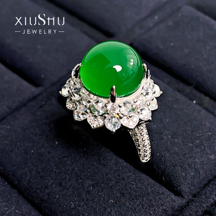 绿玉髓新中式国风925纯银，戒指镶嵌高碳钻冰种光面气质小众设计