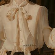 法国roujeirene法式蝴蝶结领衬衫，女长袖珍珠，雪纺泡泡袖防晒衬衣