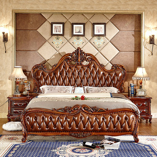 定制欧式皮床实木床双人床1.8米太子床主卧婚床床头柜雕花床卧室