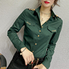 衬衫女长袖2023修身韩版绿色时尚肩章气质工装上衣职业衬衣女