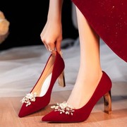 红色婚鞋女秀禾服两穿高跟新娘鞋2023孕妇粗跟中式婚宴礼服鞋