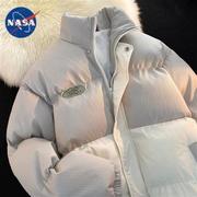 NASA联名棉衣男冬季浅蓝色拼接立领棉服男女潮牌ins保暖学生