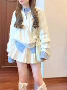 日系软妹学院风奶fufu翻领针织毛衣条纹衬衫白色短裙女学生三件套